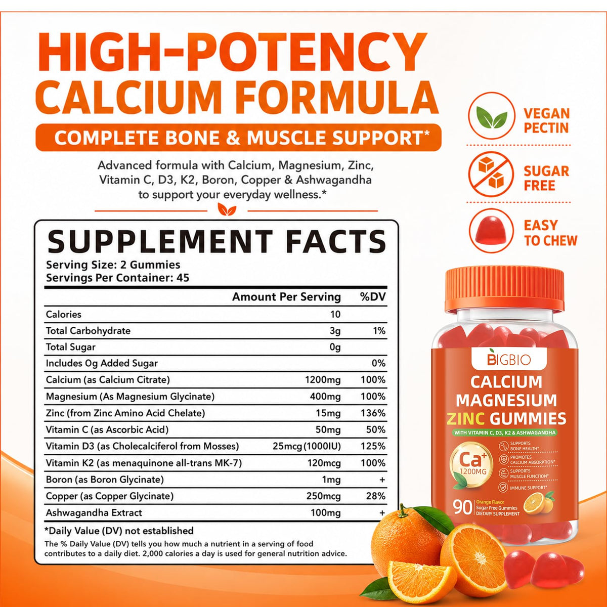 Gummies BIGBIO Calcium 1200mg, mise en scène avec fruits