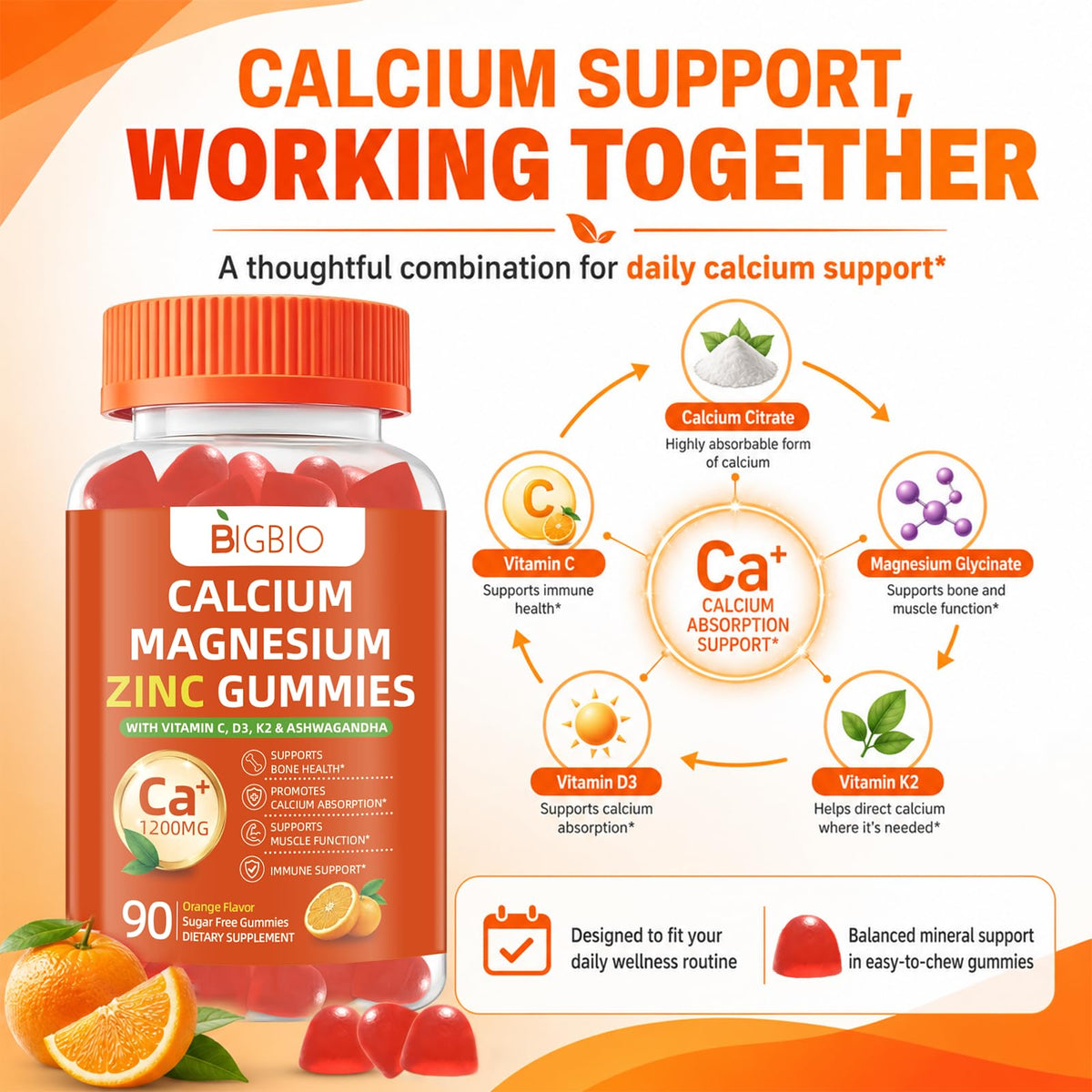 Gummies BIGBIO Calcium 1200mg, vue de l'arrière du pot
