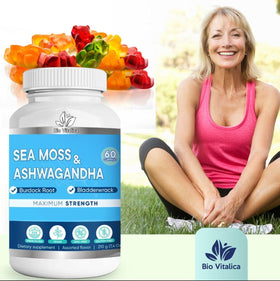 Gummies BIO VITALICA à la mousse de mer Ashwagandha avec fruits frais en arrière-plan