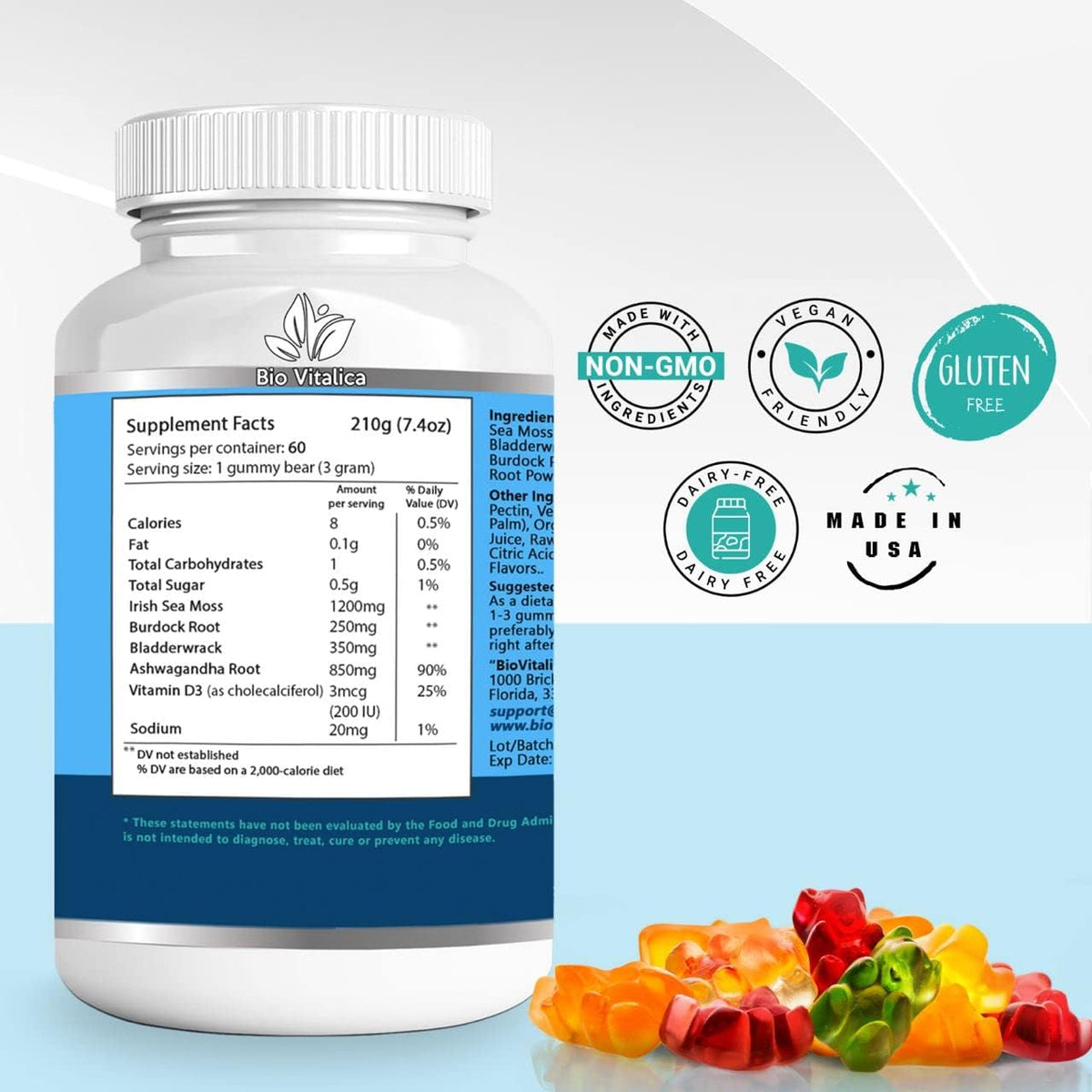 Gummies BIO VITALICA à la mousse de mer Ashwagandha sur une table en bois