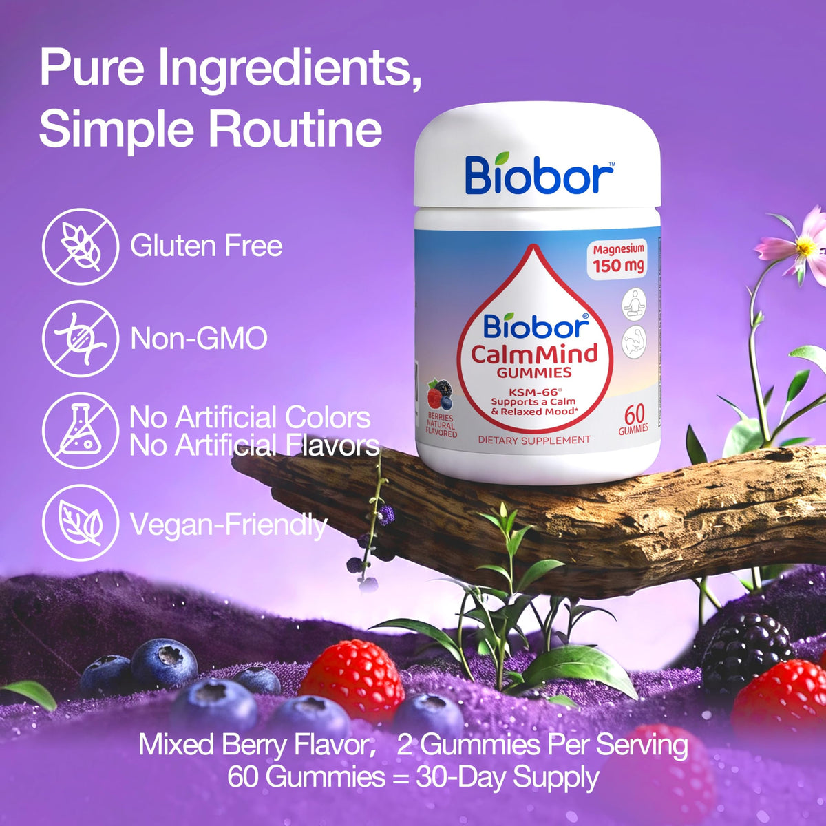 Gummies Biobor CalmMind sur une table, ambiance de bien-être
