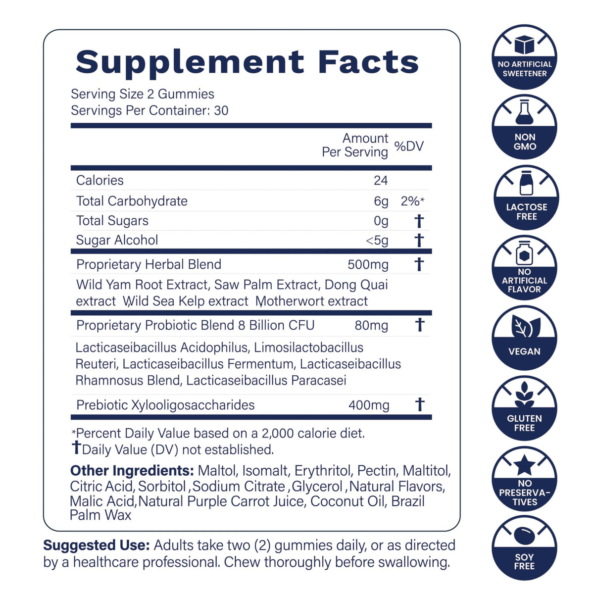 Gummies Biotics2 Probiotiques avec une vue d'ensemble des ingrédients