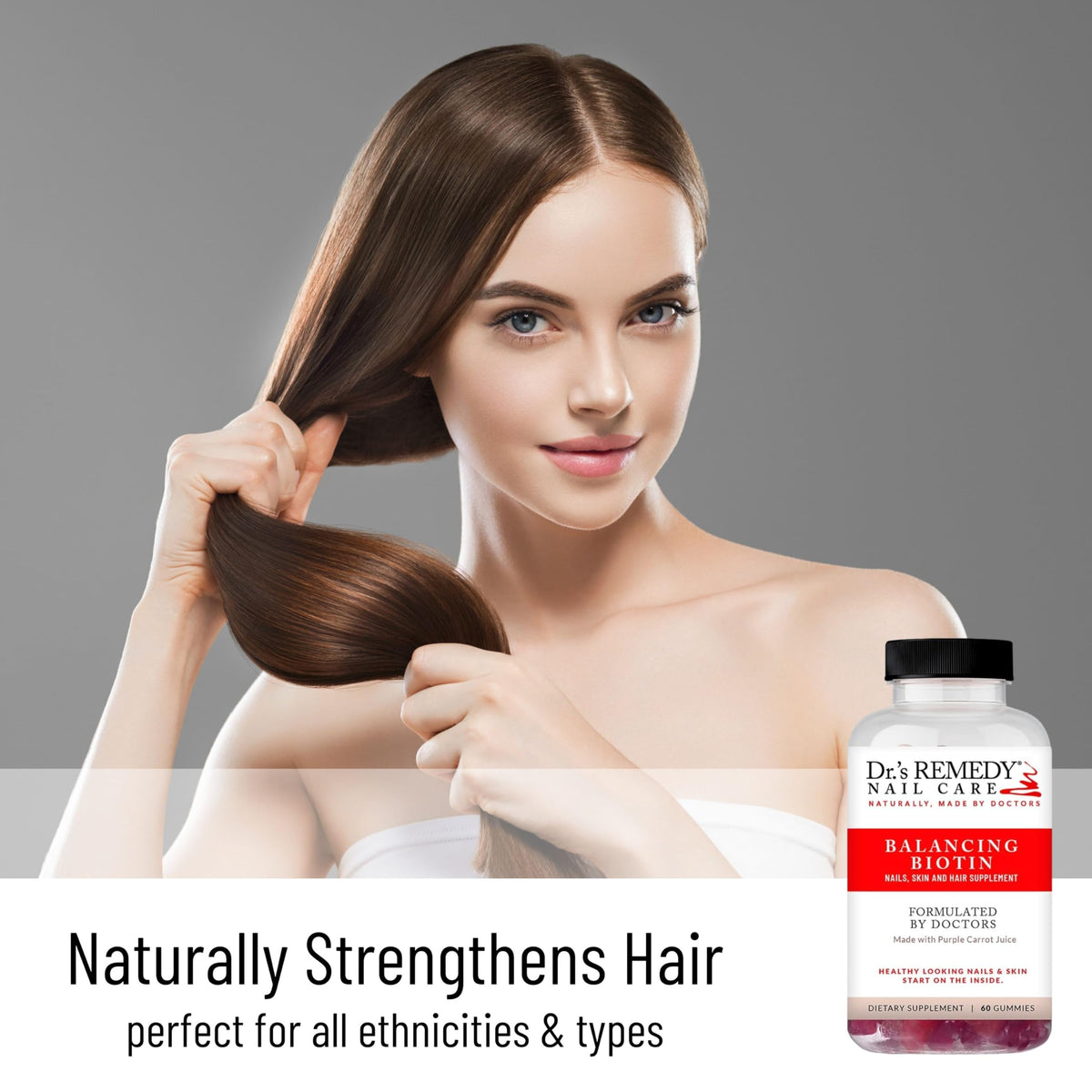 Gummies Biotin Dr.'s Remedy sur fond blanc avec carottes violettes