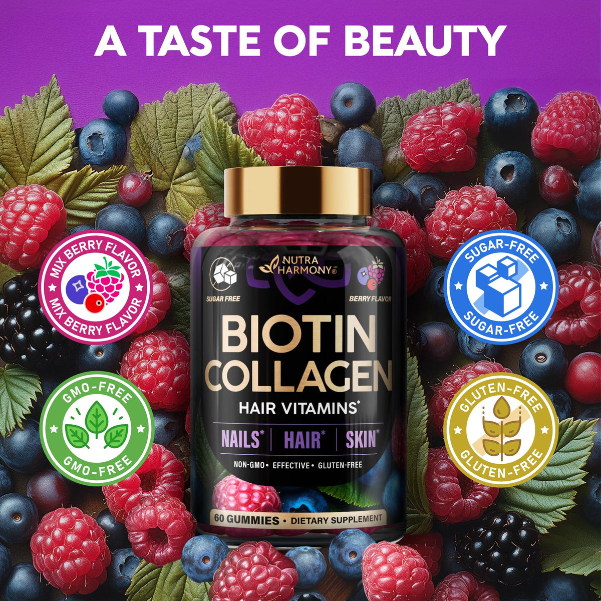 Gummies Biotine & Collagène de NUTRAHARMONY sur une table avec des baies fraîches