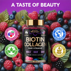 Gummies Biotine & Collagène de NUTRAHARMONY sur une table avec des baies fraîches