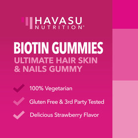 Gummies Biotine HAVASU NUTRITION 5000mcg avec une main tenant un gummy