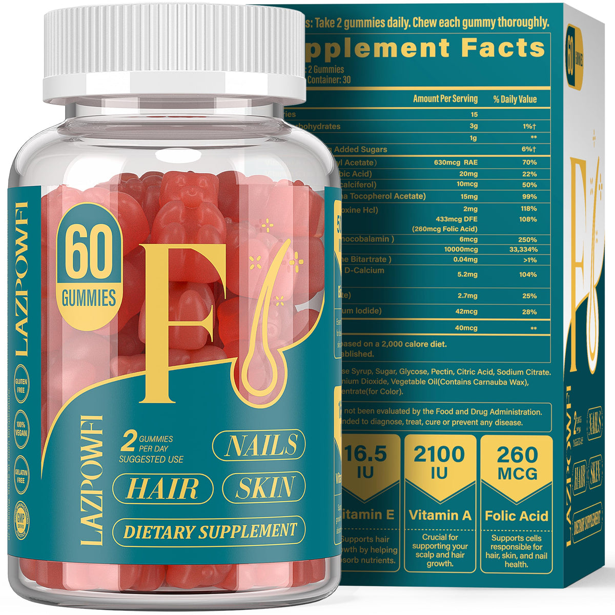 Gummies Biotine Lazpowfi 60 pièces au goût de fraise, vue de face