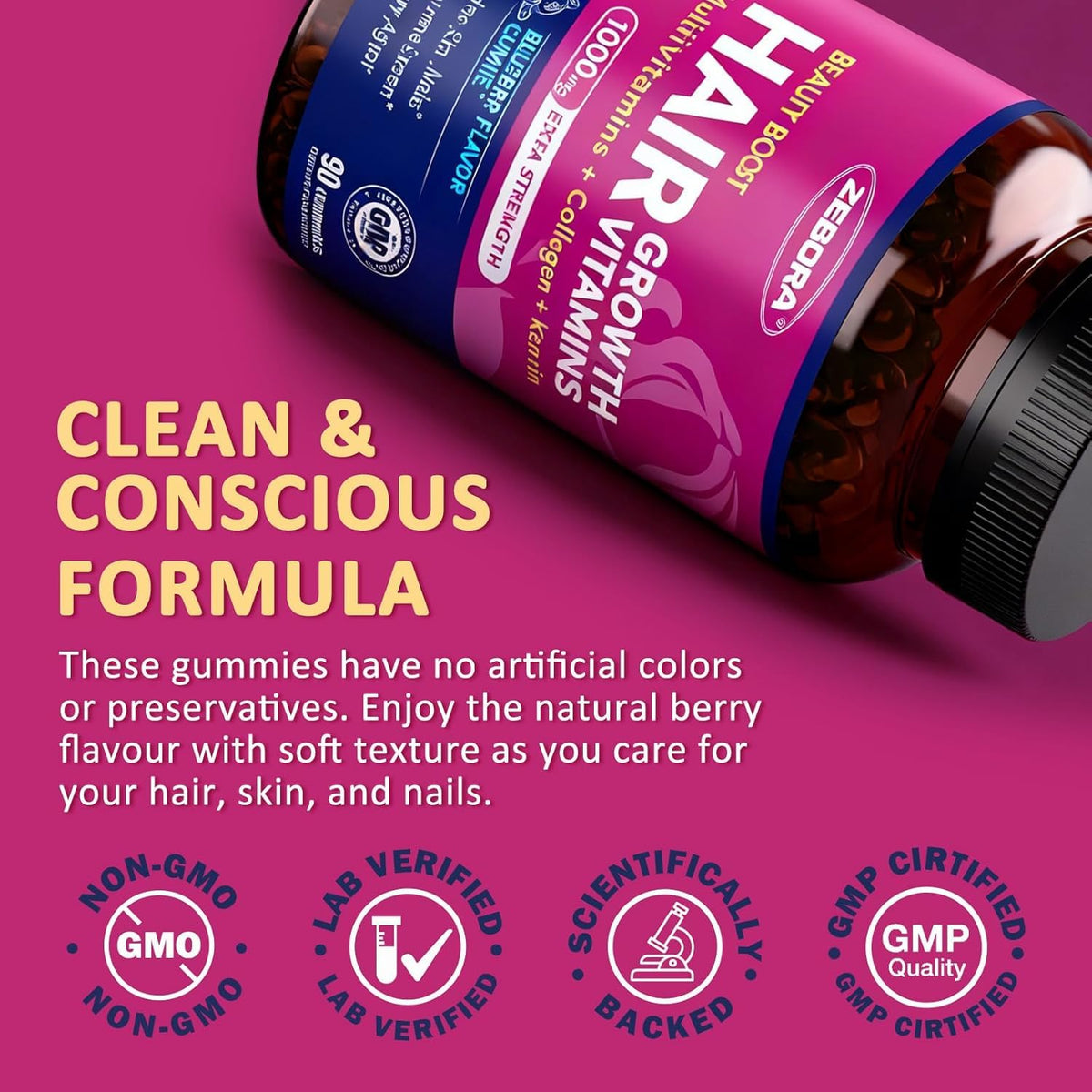 Gummies Biotine ZEBORA montrant la couleur bleue des gummies