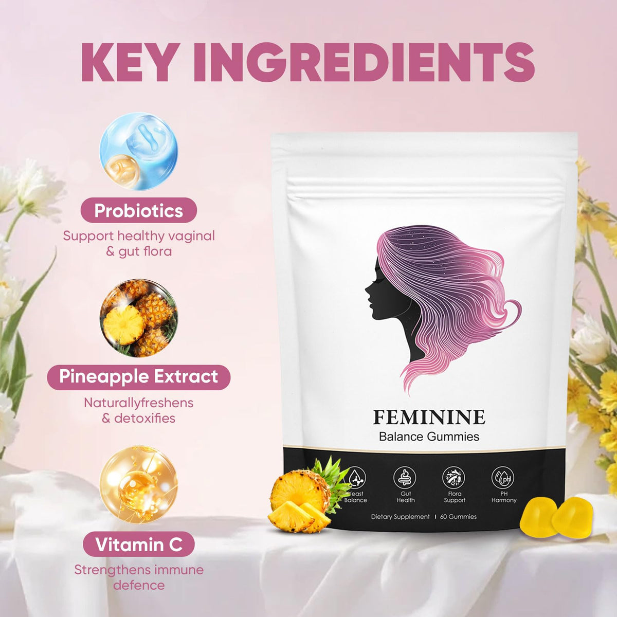 Gummies BIWQTY Équilibre Féminin ananas, prise en main