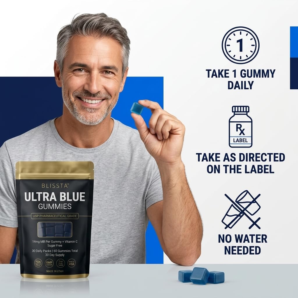 Gummies Blissta Ultra Blue avec une main tenant un gummy