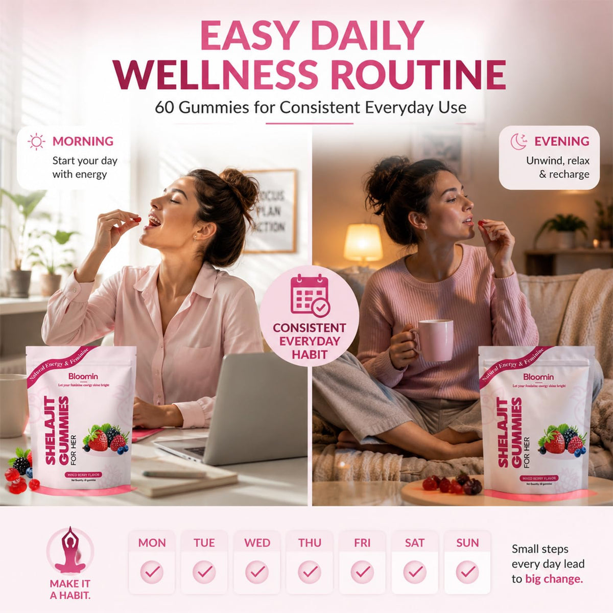 Gummies Bloomin Shilajit avec un verre d'eau à côté
