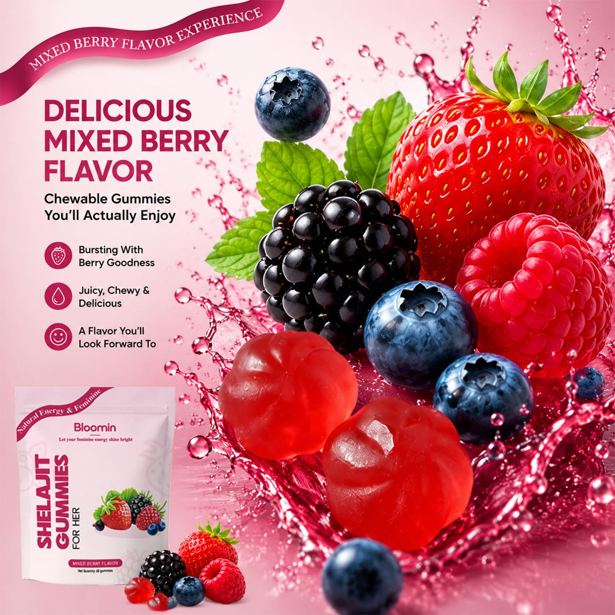 Gummies Bloomin Shilajit montrant la texture et la couleur