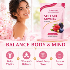 Gummies Bloomin Shilajit sur une surface en bois