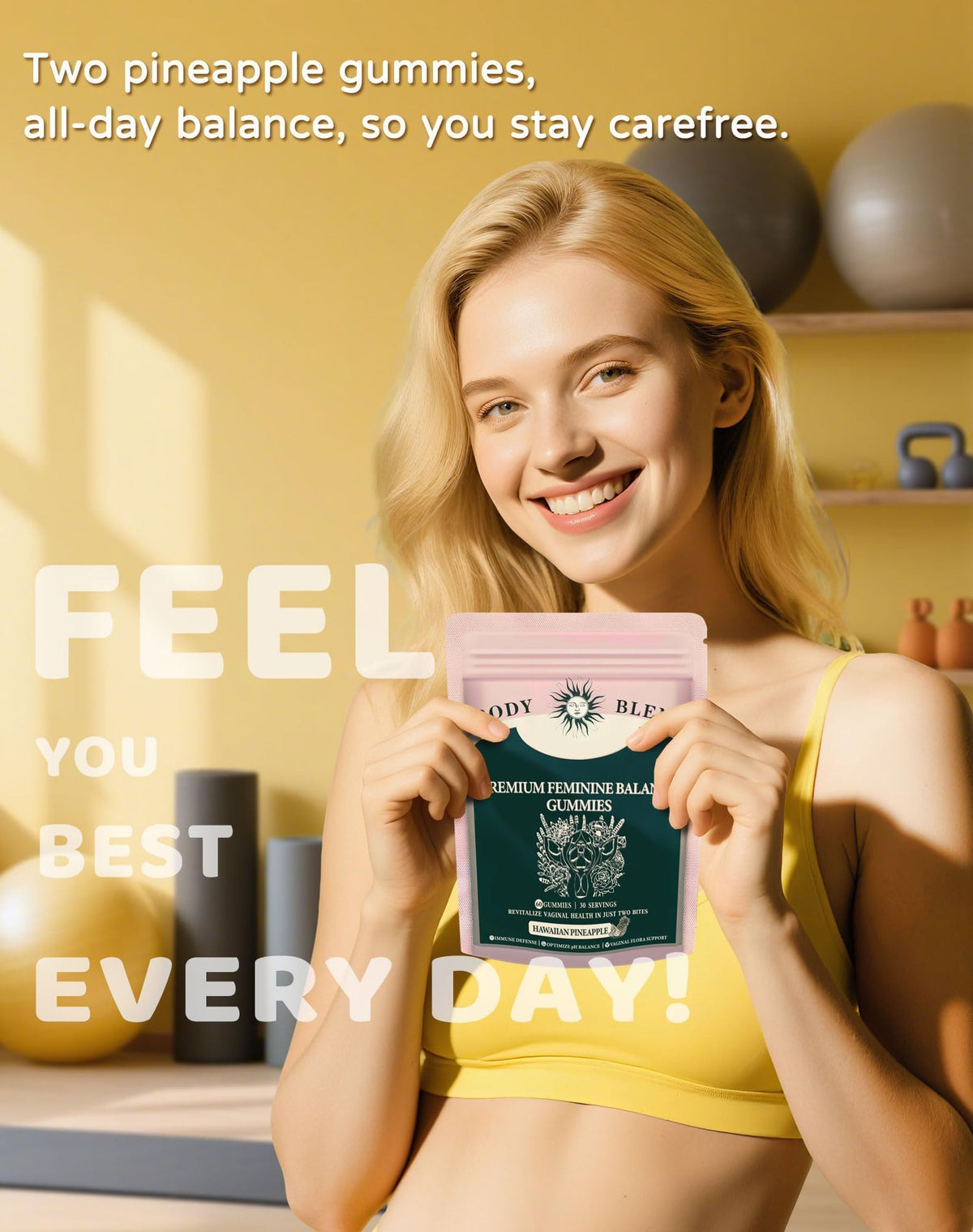 Gummies BodyBlend Équilibre Féminin sur une assiette avec des fruits
