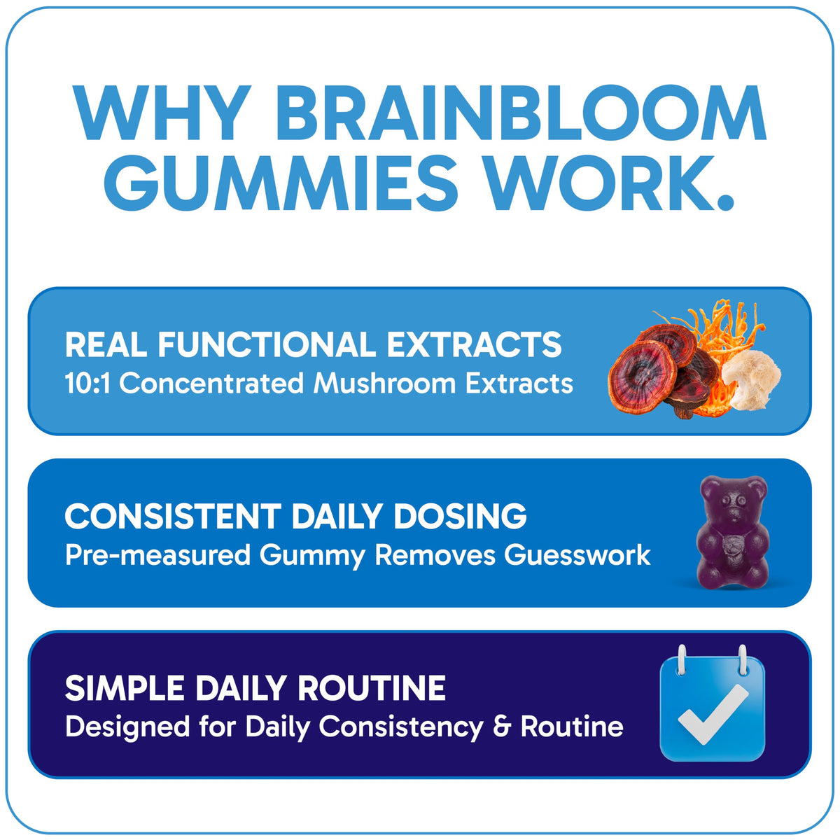 Gummies BrainBloom avec ingrédients naturels, affichage des saveurs
