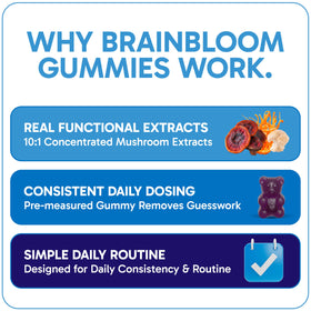 Gummies BrainBloom avec ingrédients naturels, affichage des saveurs