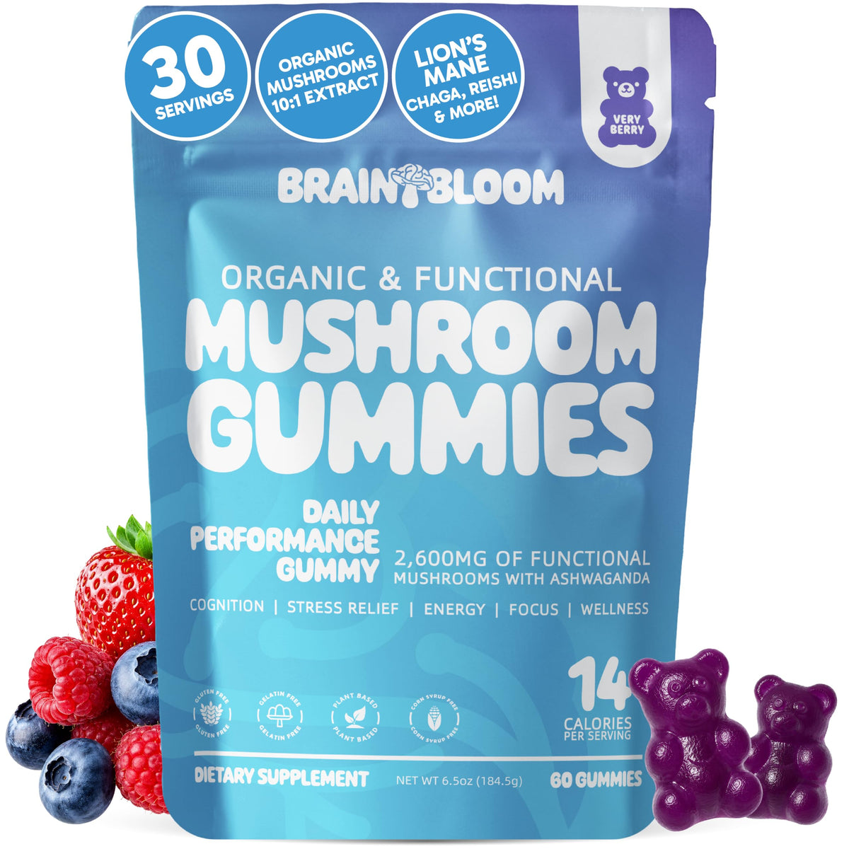 Gummies BrainBloom de champignons au goût de fruits, boîte de 60 unités