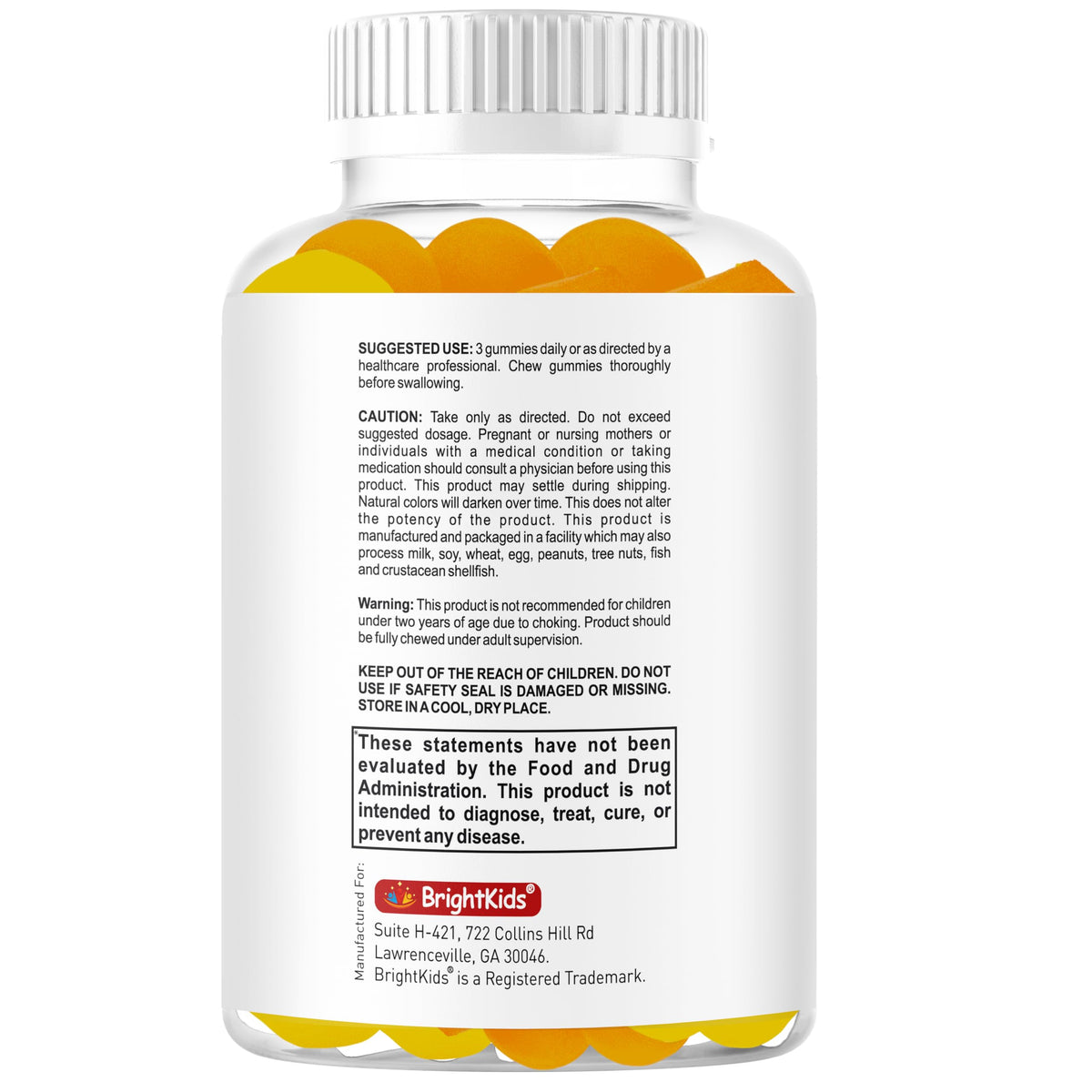 Gummies BrightKids Oméga 3, avec un fond de fruits frais