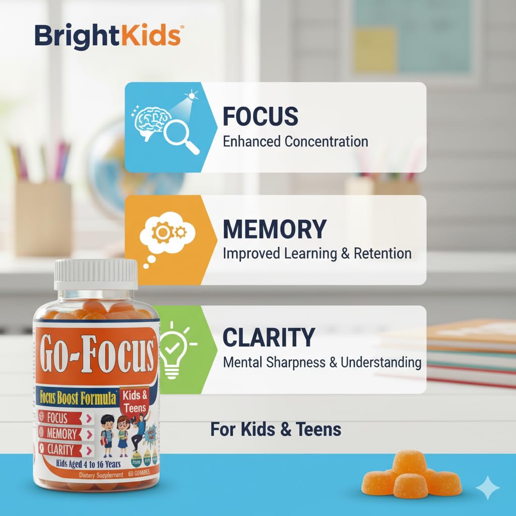 Gummies BrightKids Oméga 3, vue de face avec étiquette et couleur vive