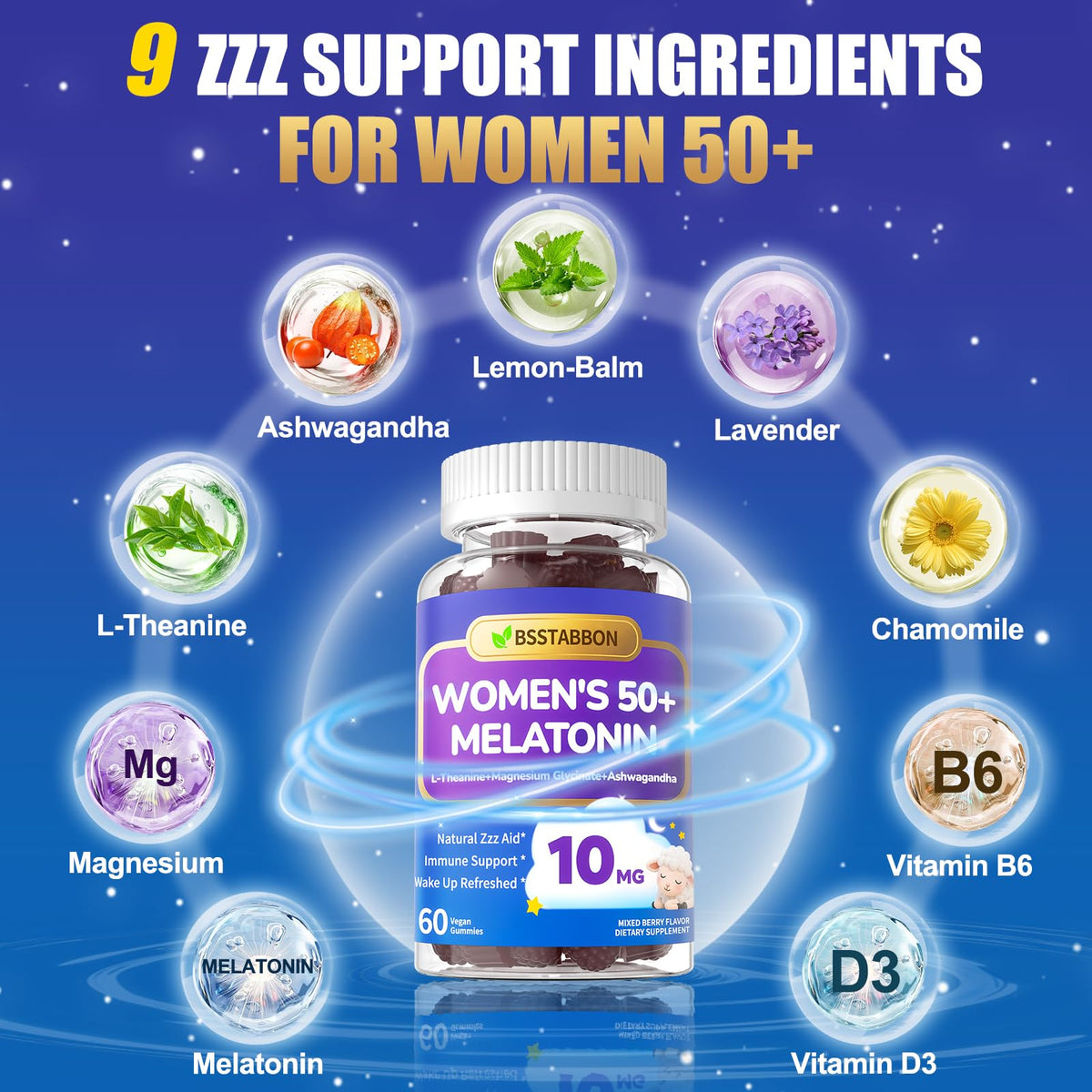 Gummies BSSTABBON 10 mg avec ingrédients naturels en arrière-plan
