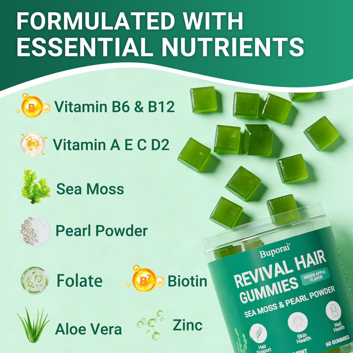 Gummies Buporai avec la poudre de perle et l'aloe vera en arrière-plan