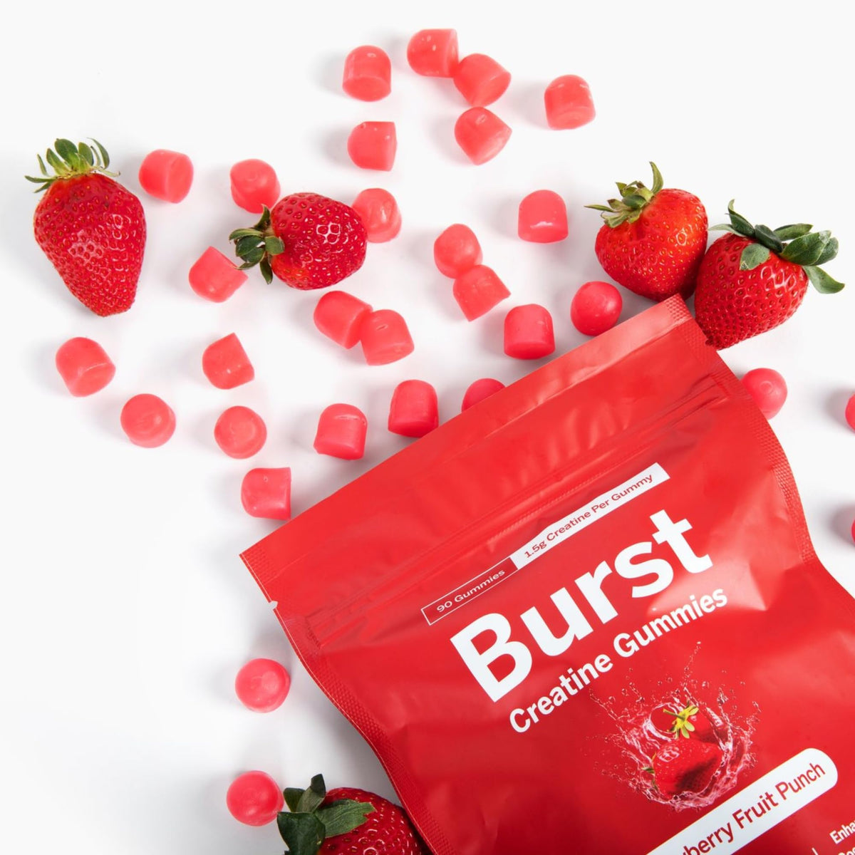 Gummies Burst Creatine à saveur de smoothie aux fraises sur fond blanc
