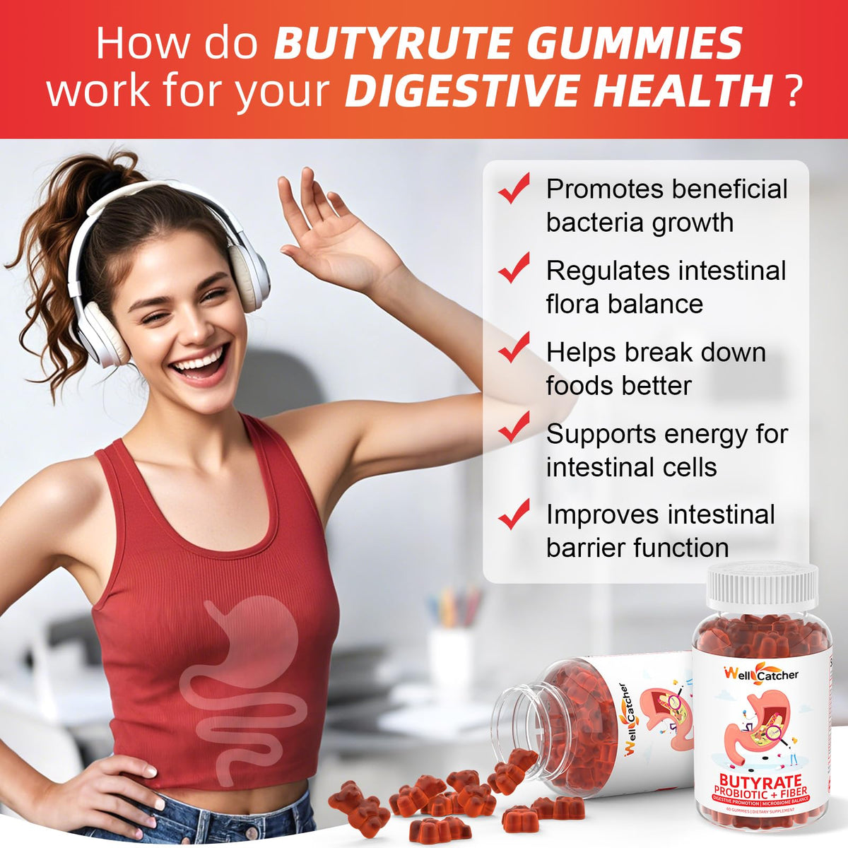 Gummies Butyrate Wellcatcher avec étiquette et informations nutritionnelles
