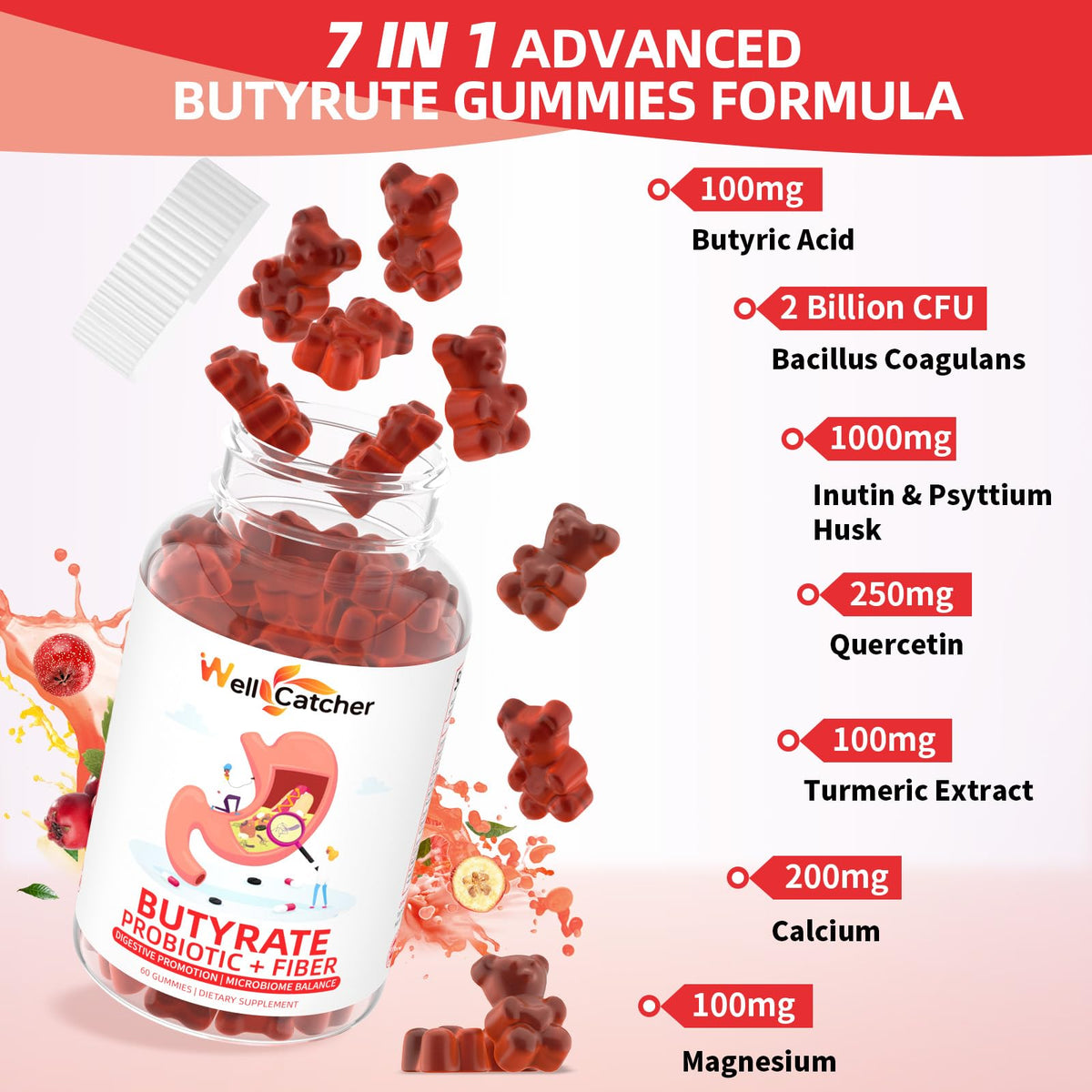 Gummies Butyrate Wellcatcher sur une table avec des ingrédients naturels