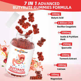 Gummies Butyrate Wellcatcher sur une table avec des ingrédients naturels
