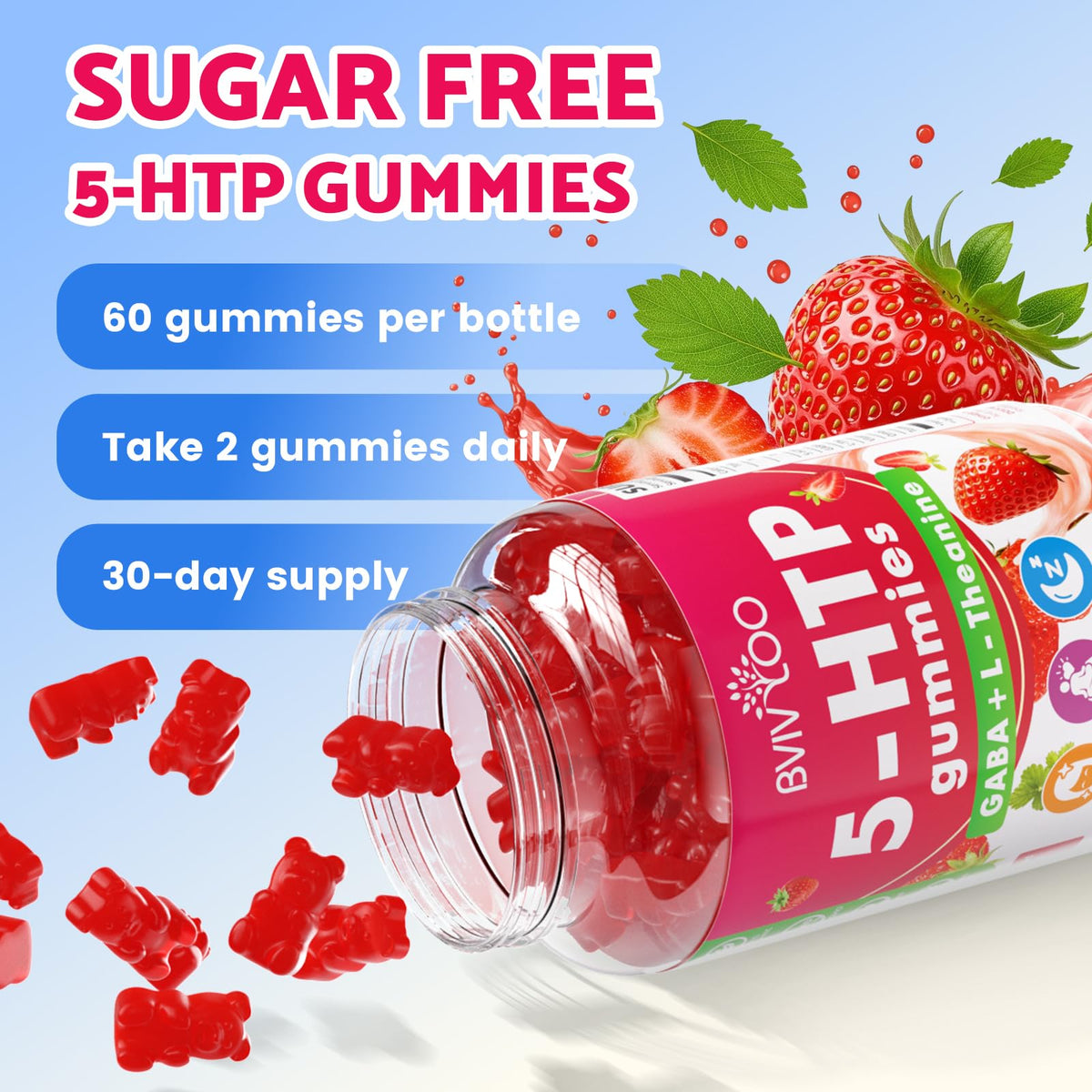 Gummies BVIVLOO 5-HTP sans sucre, illustration des ingrédients