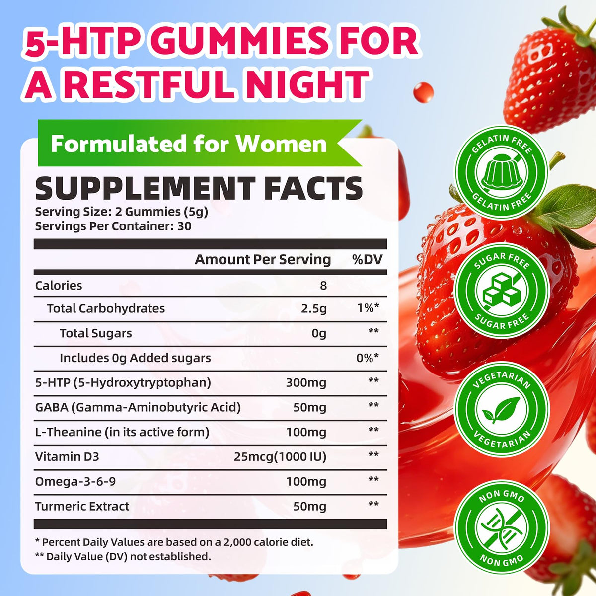 Gummies BVIVLOO 5-HTP sans sucre, présentation des gummies, saveur fraise