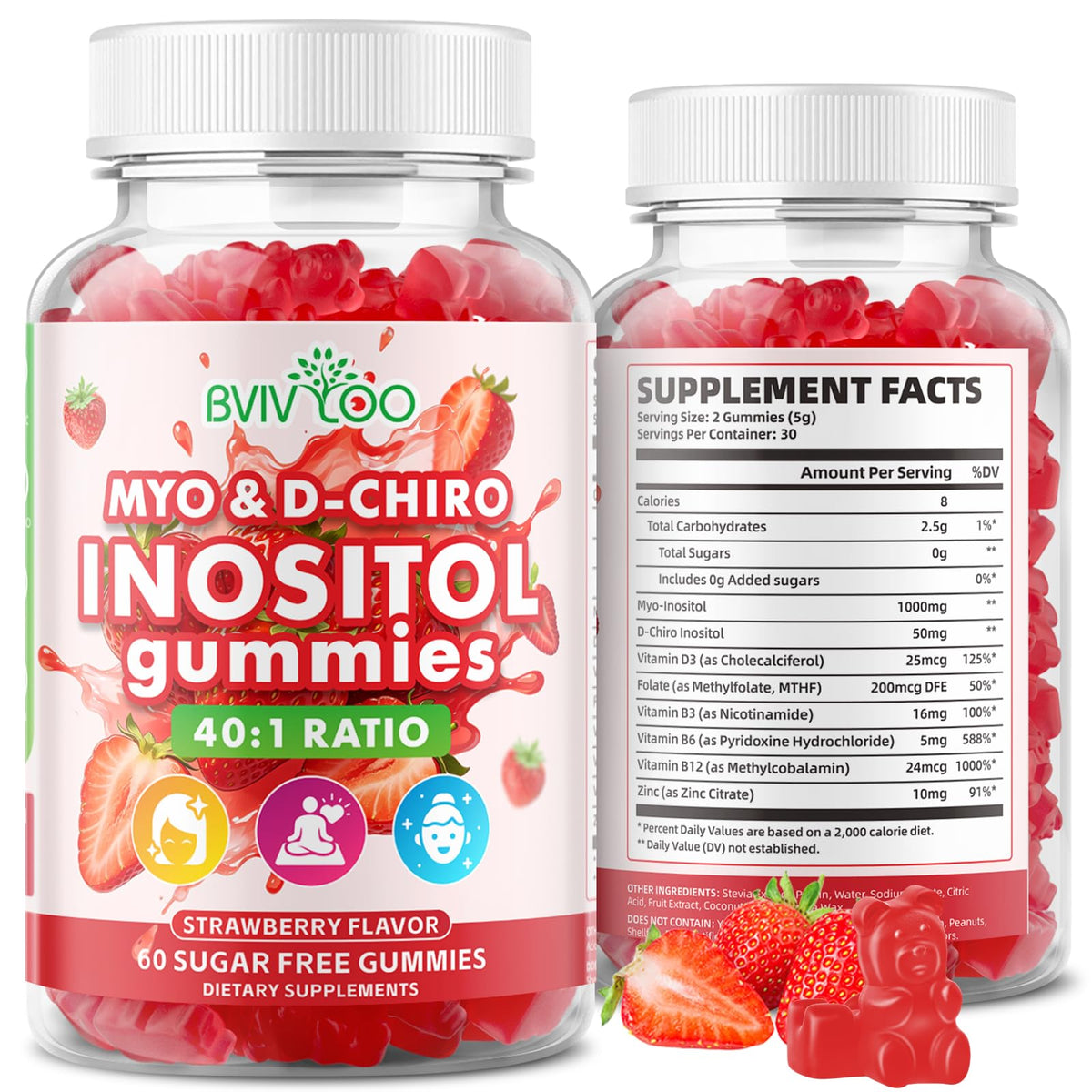 Gummies BVIVLOO Myo-Inositol et D-Chiro-Inositol saveur fraise, 60 unités