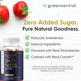 Gummies cœur Greensential et fruits frais en arrière-plan