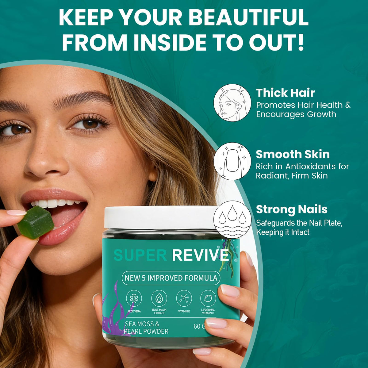 Gummies caicieter sur une table avec des accessoires de beauté