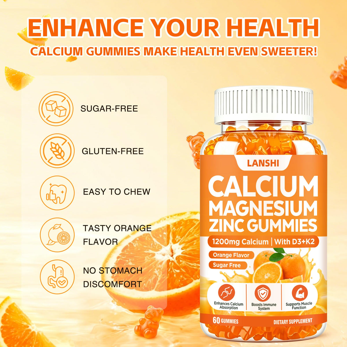Gummies Calcium 1200 mg LANSHI, présentation des gummies orange