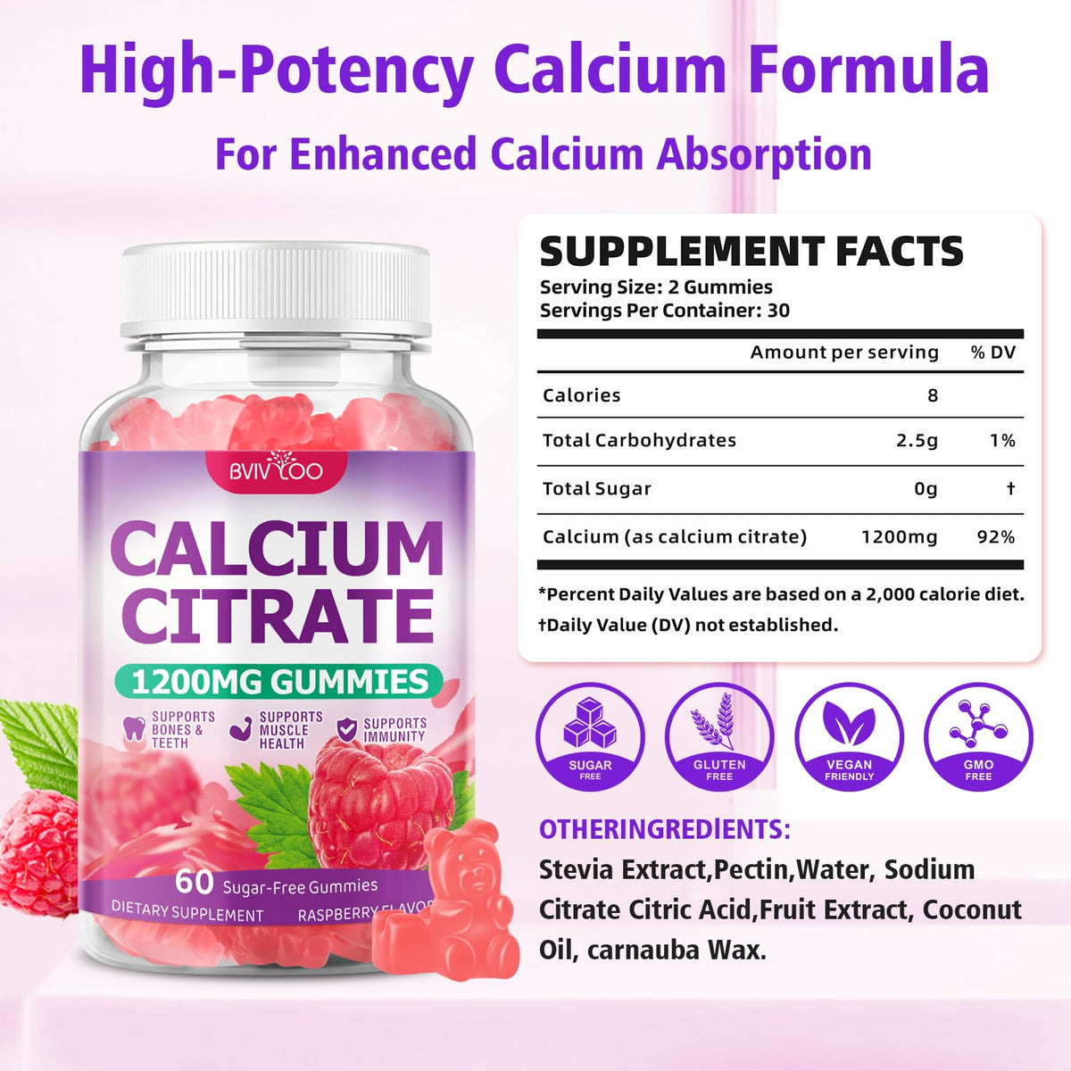 Gummies Calcium Citrate 1200mg de BVIVLOO avec saveur framboise