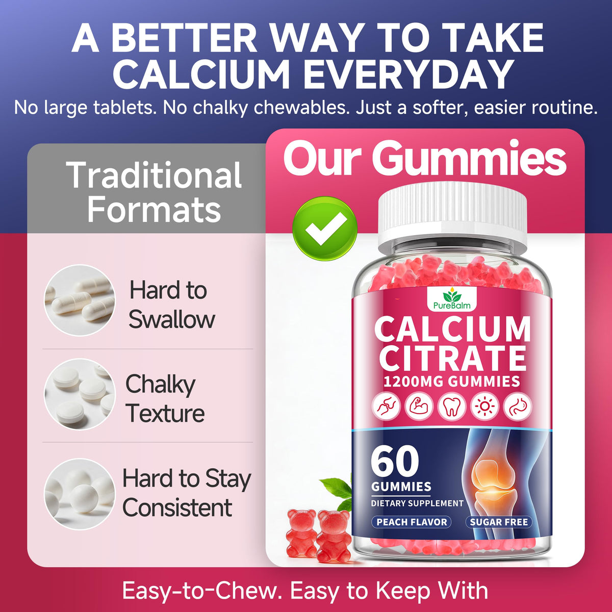 Gummies Calcium Citrate 1200mg PureBalm, couleur pêche