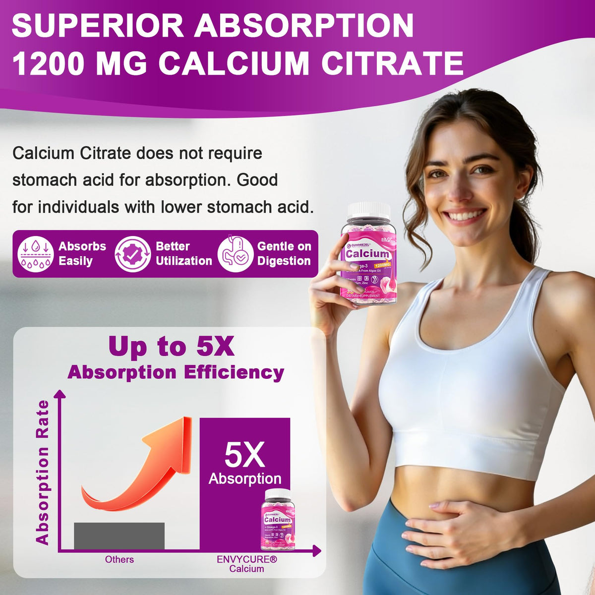 Gummies calcium citrate avec D3 K2 et Omega-3 EnvyCure dans une main