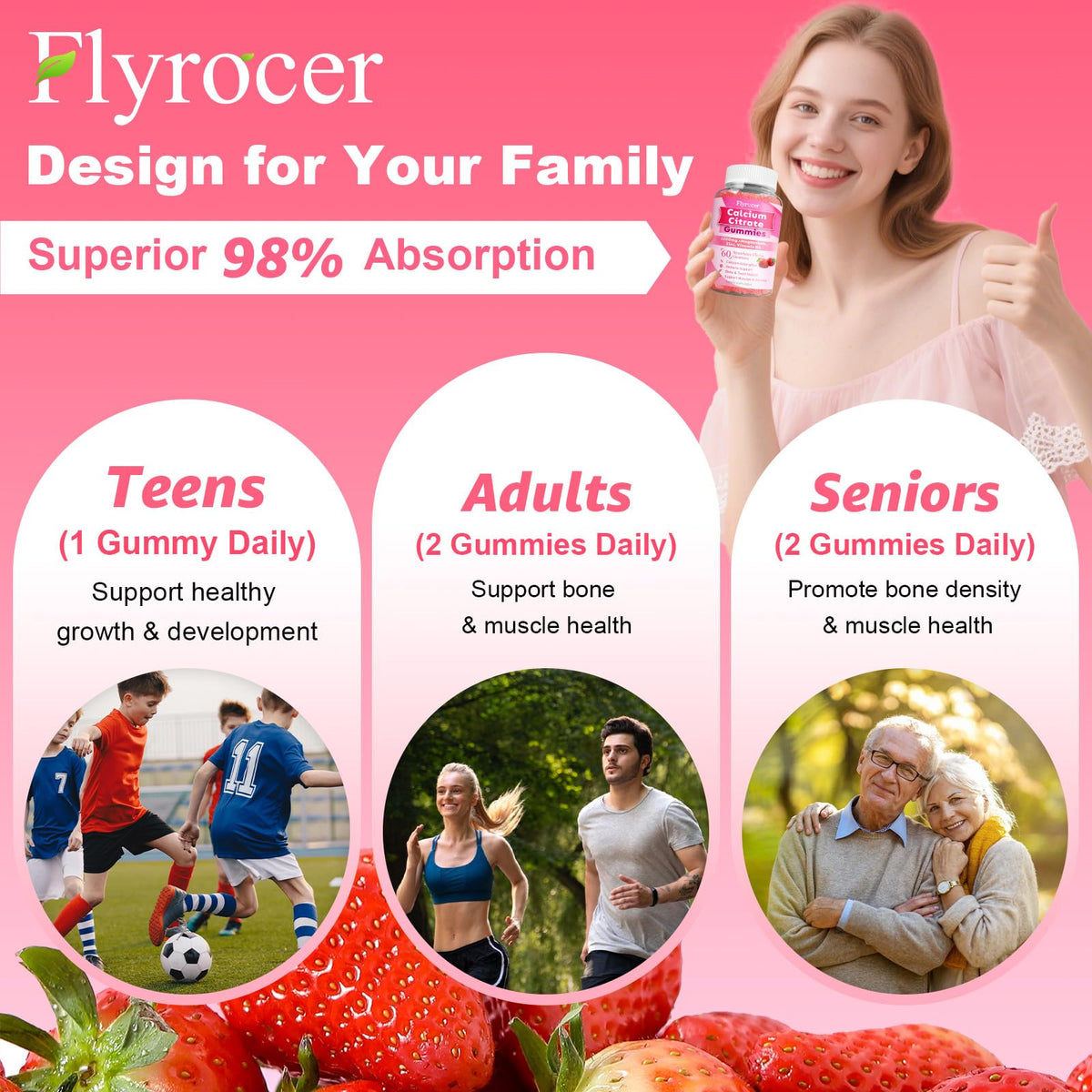 Gummies Calcium Citrate Flyrocer avec une main tenant un gummy