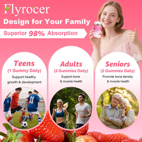 Gummies Calcium Citrate Flyrocer avec une main tenant un gummy