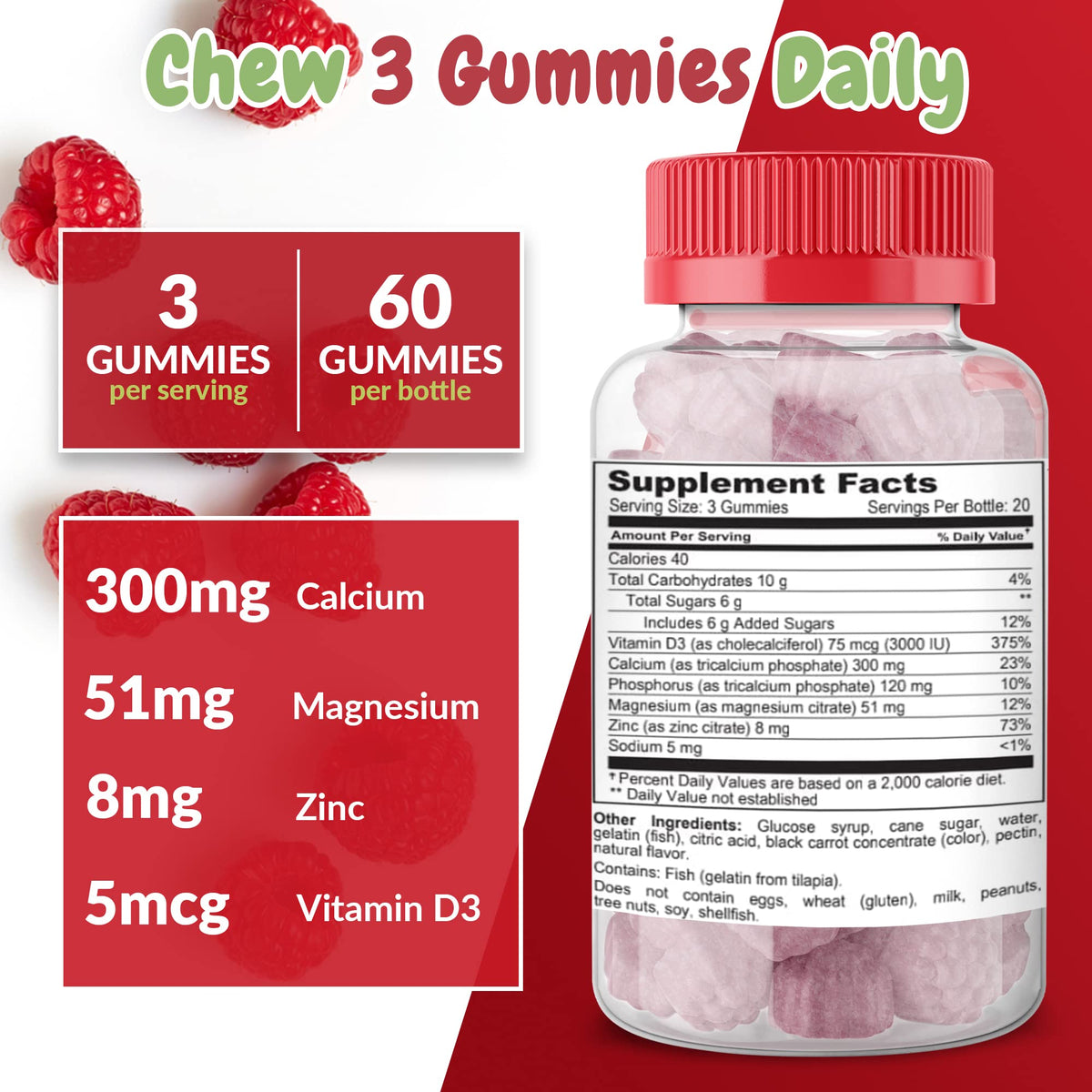 Gummies Calcium Magnésium Zinc Vitamine D Health Supplied dans un bol