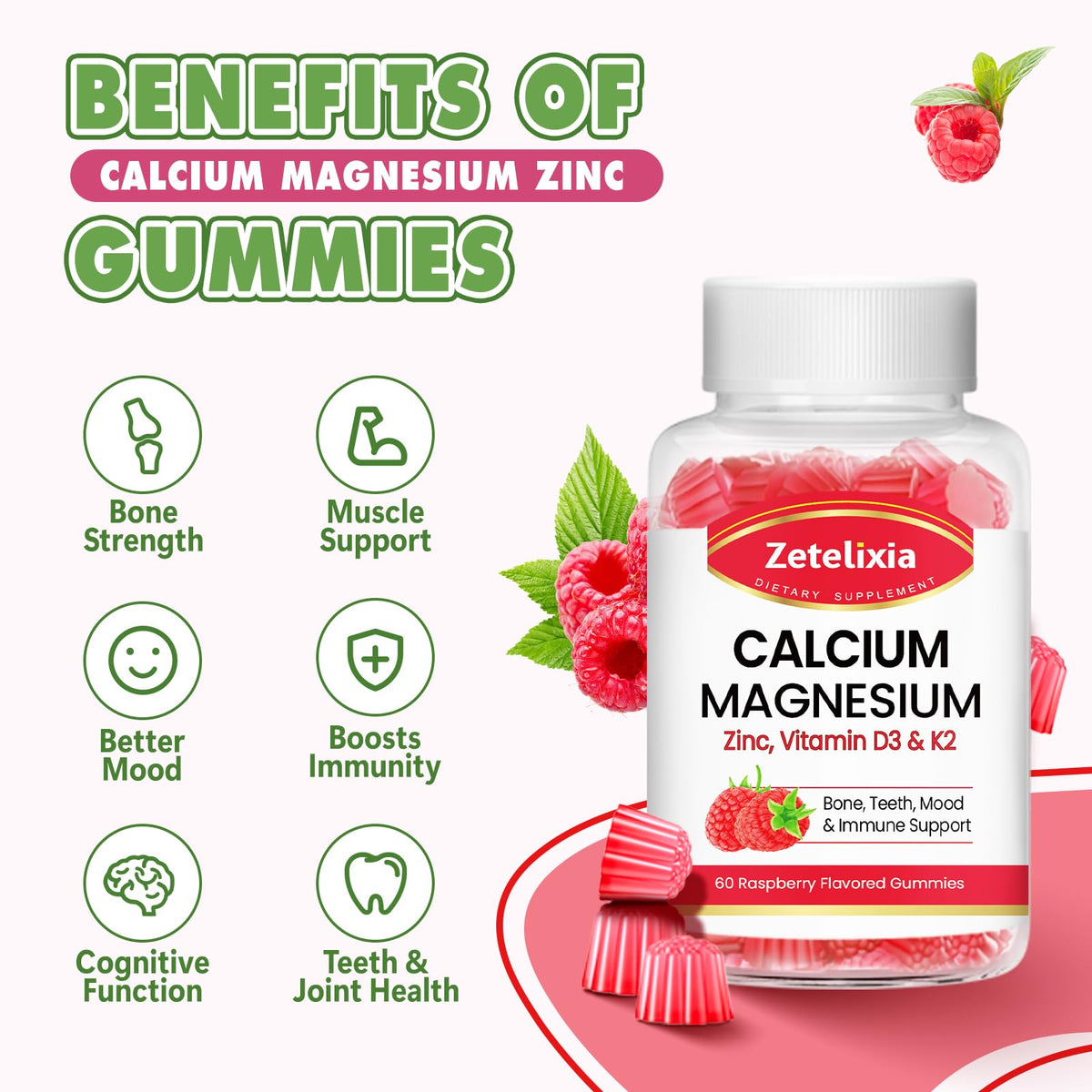 Gummies Calcium Magnésium Zinc Zetelixia avec une main tenant un gummy