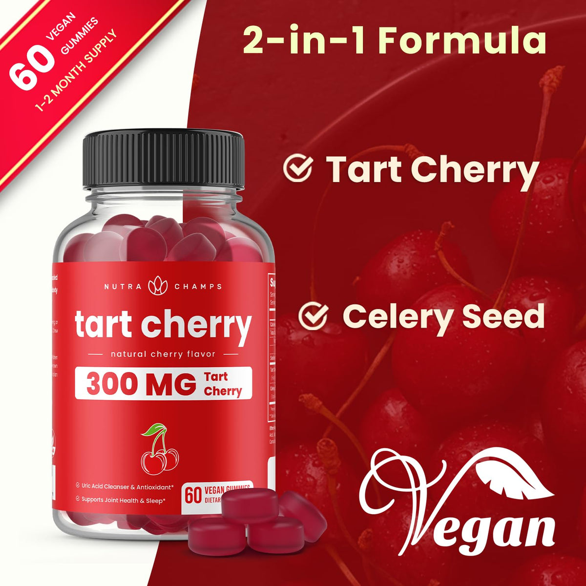 Gummies cerise acide NutraChamps avec des ingrédients naturels en arrière-plan