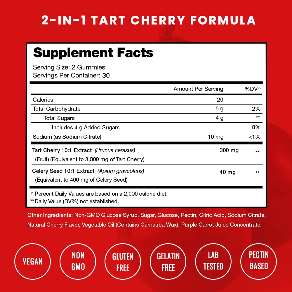 Gummies cerise acide NutraChamps sur une table avec une cerise en arrière-plan