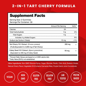 Gummies cerise acide NutraChamps sur une table avec une cerise en arrière-plan