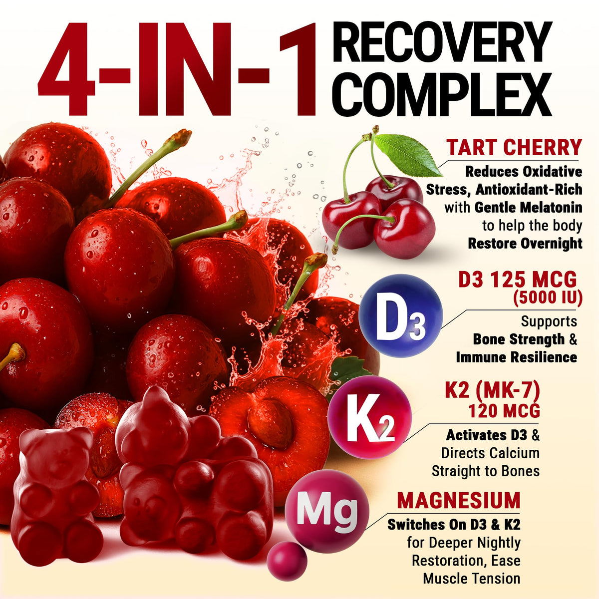 Gummies Cerise Acide Tartre D3 K2 5000 IU en gros plan