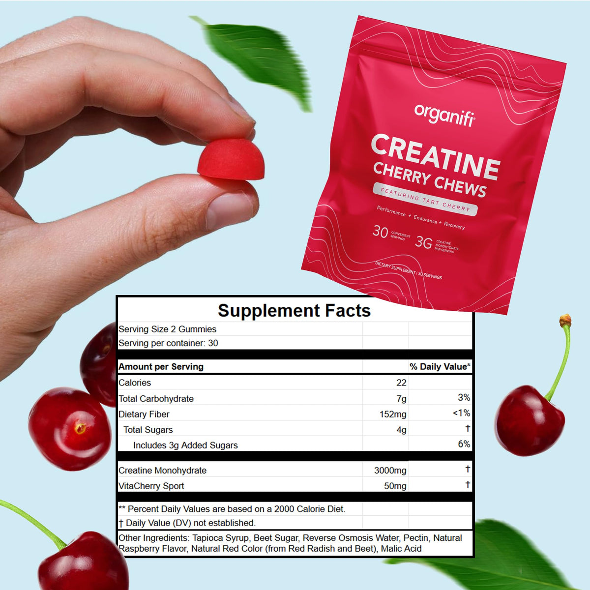 Gummies cerise Organifi montrant la texture et la couleur