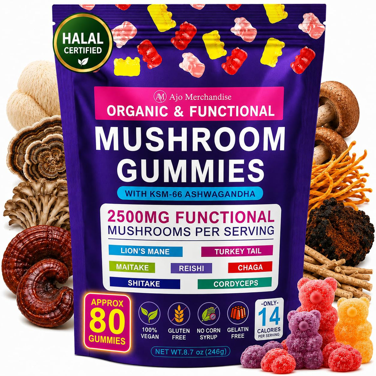 Gummies Champignon Lion's Mane AJO MERCHANDISE sachet avant avec 80 pièces