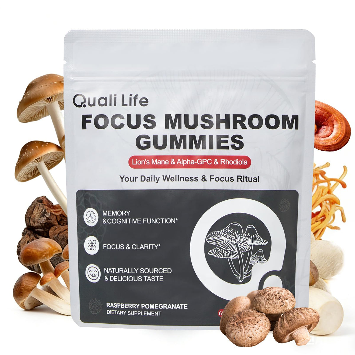 Gummies champignon QualiLife Crinière de Lion 60 unités vue de face