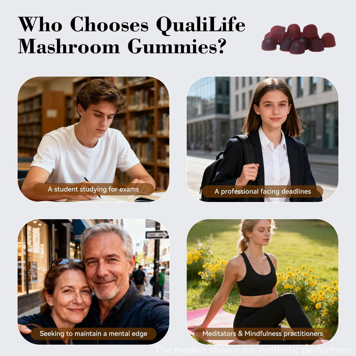 Gummies champignon QualiLife Crinière de Lion sur une table